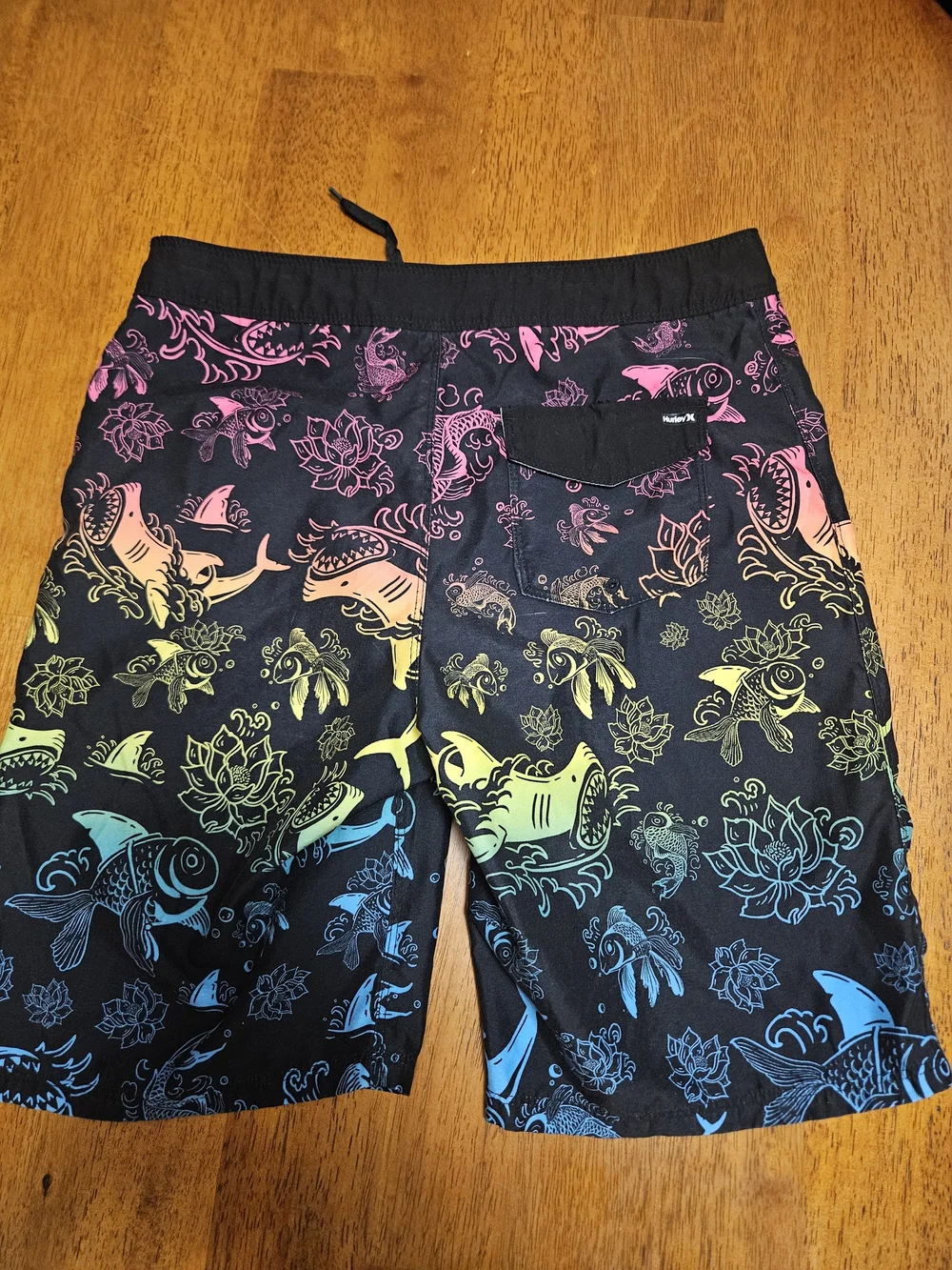 Hurley Black Swim Board Shorts with Rainbow Shark & Lotus Print